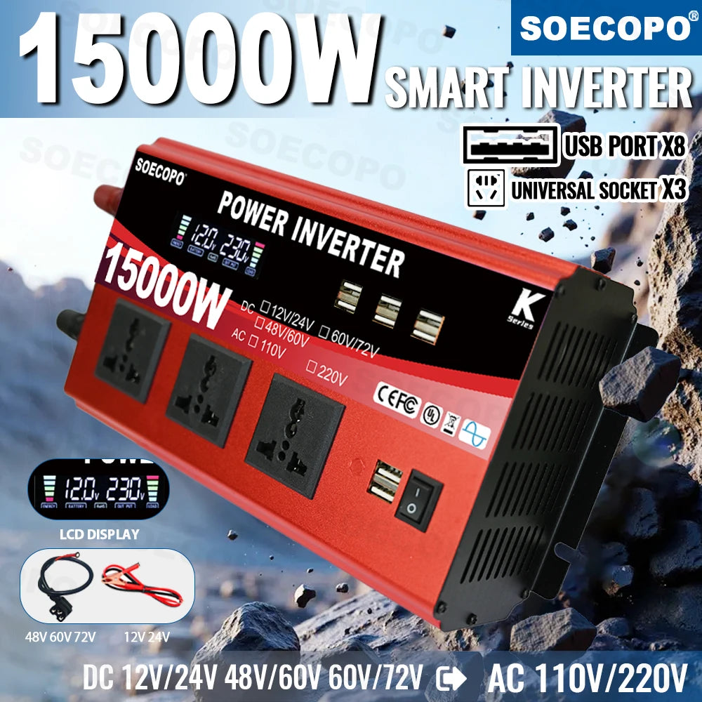 15000W Smart Inverter 3 Universal Sockets 8 USB Ports Dual Voltage DC 12 - 72V To AC 110/220V Camping Current Solar Inverter Zpaxo