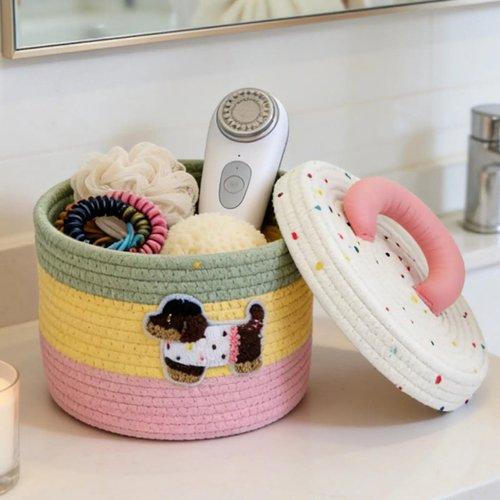 Cute Small Basket Portable Cotton Rope Bin Lid Toy Box Kids Pet Yarn