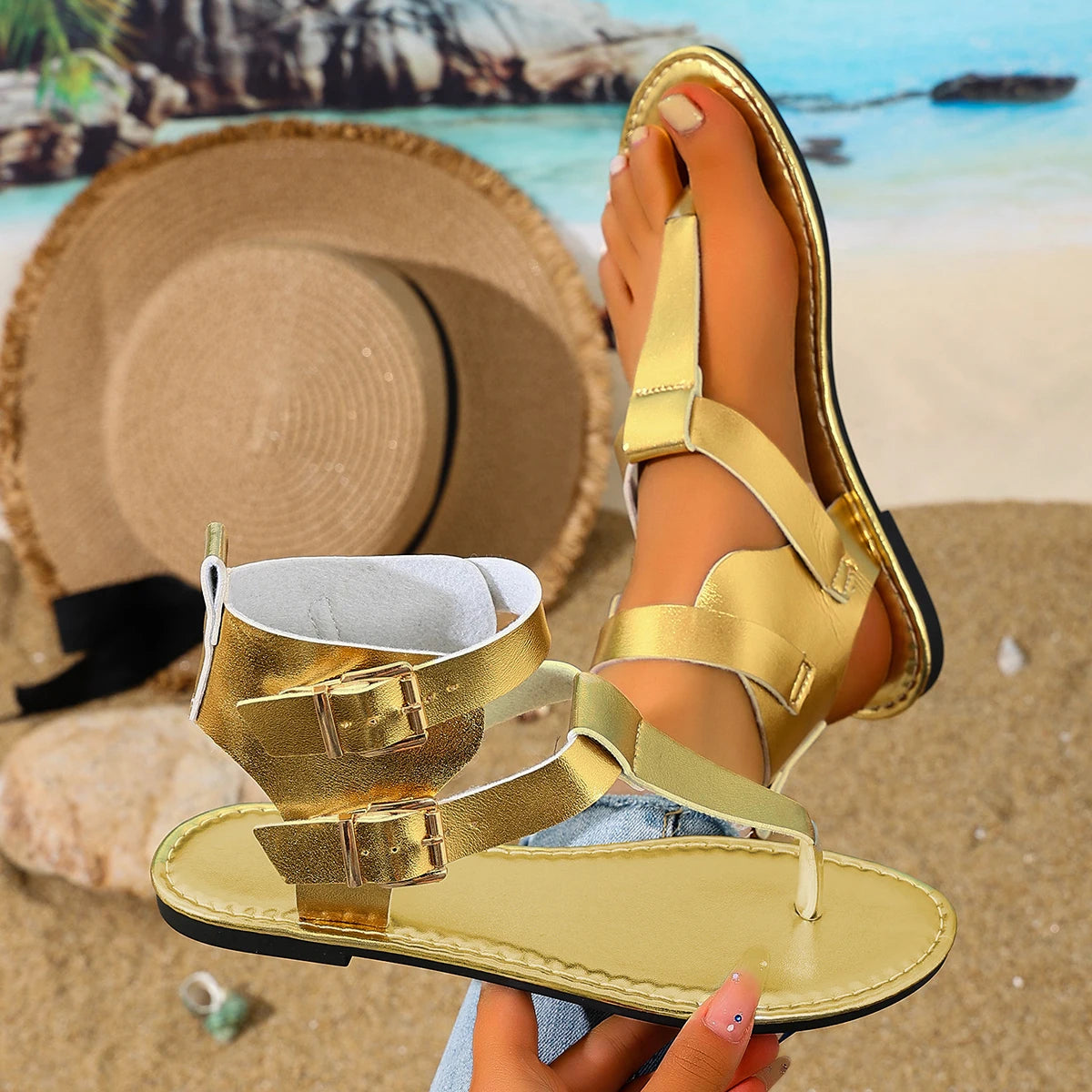 Women Gladiator Thong Sandals Ankle Buckle Strap Flat Non-slip Summer Zpaxo Gold 36