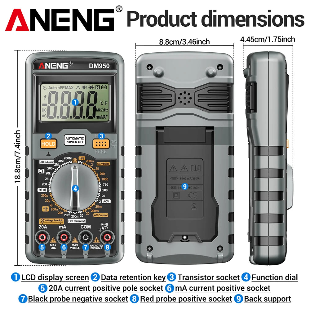ANENG DM950 Multifunctional 1999 Count AC DC Voltage Current hFE