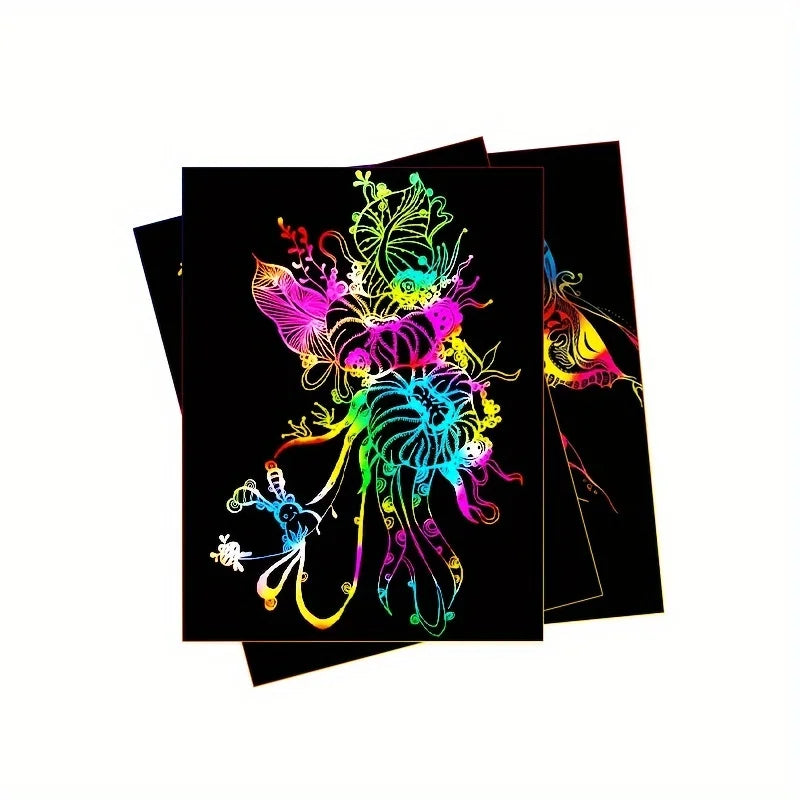 50 pcs Scratch Paper Kids Rainbow Magic Scratch Off Paper Sheets Art Craft Kit Black Note Paper Drawing Pads with Stencils Zpaxo