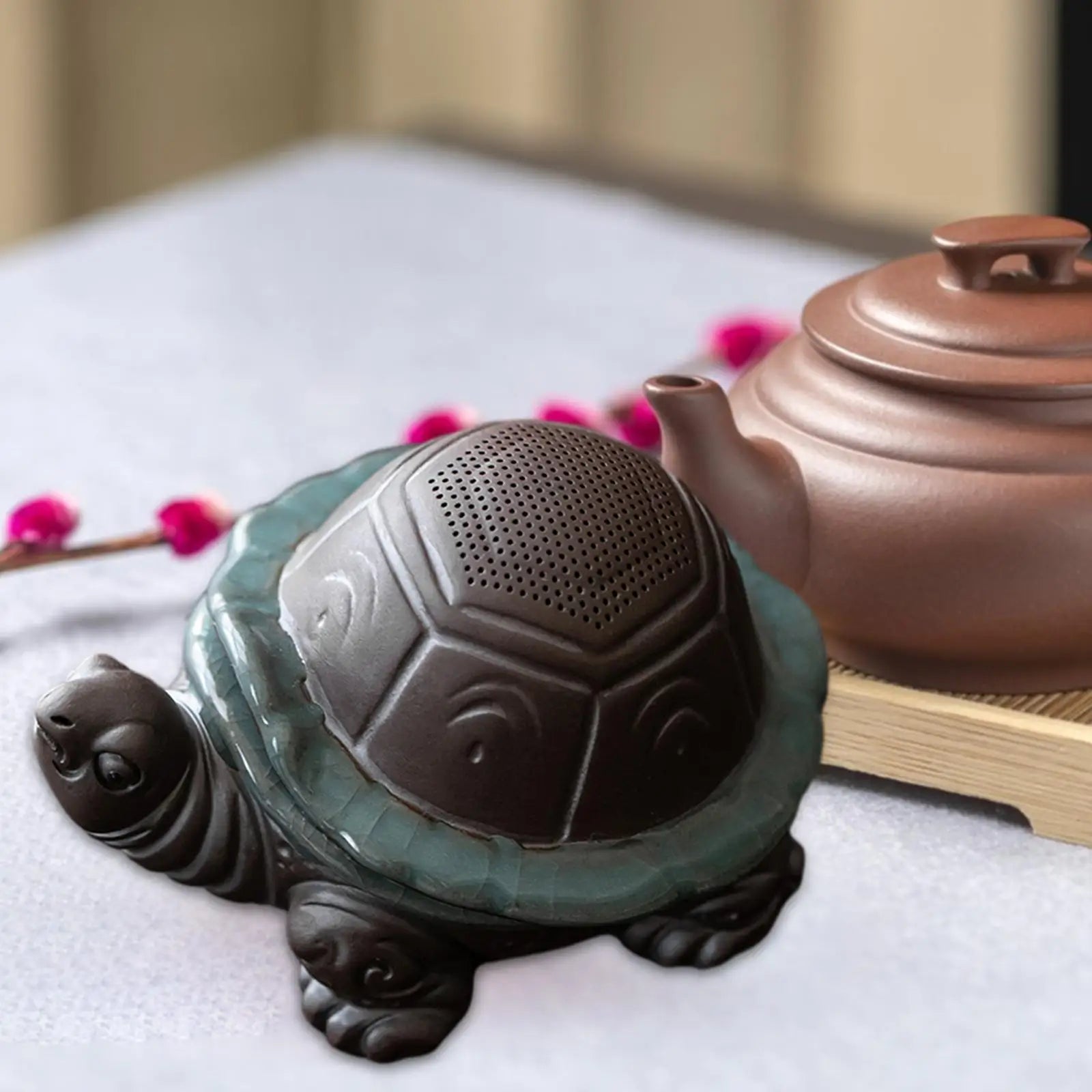 Ceramic Turtle Tea Pet with Strainer | Feng Shui Desk Decor Tea Pet Figurine Zpaxo