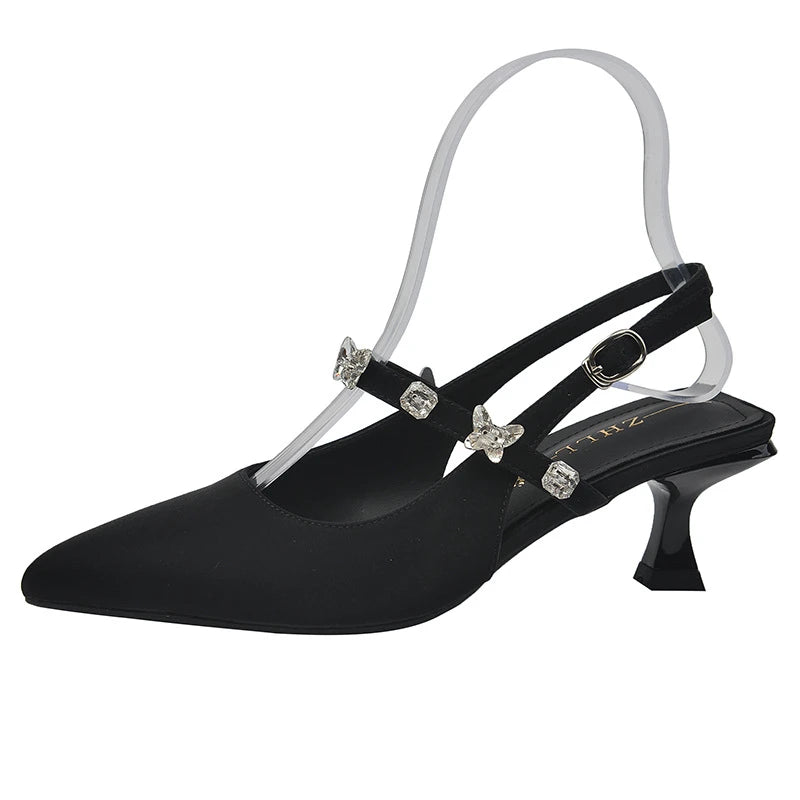 Slingback Kitten Heel Pumps Pointed Toe Rhinestone Butterfly Strap Zpaxo 8852-4Black 45 China Mainland