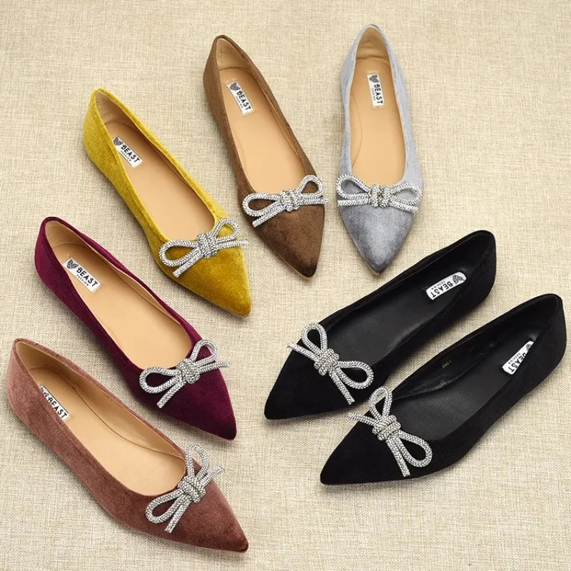 Flat Shoes for Women Spring Autumn New 2025 Butterfly Bow Diamond Velvet Pointed Toe Shallow Mouth Flat Plus Size Women's Shoe Zpaxo