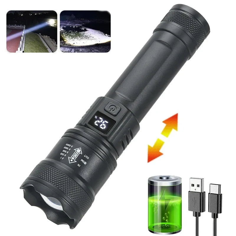 2000LM Tactical LED Flashlight – USB Rechargeable Zoomable Torch