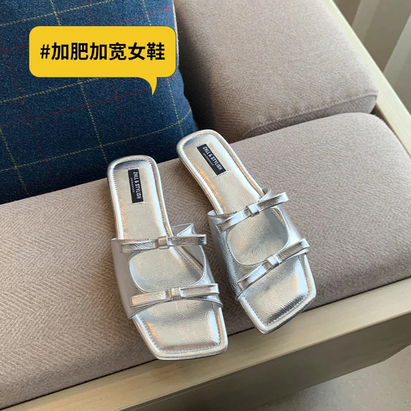 Womens Silver Bow Knot Square Toe Slide Sandals Open Flat Slippers Zpaxo 261-3 Silver 45 China Mainland