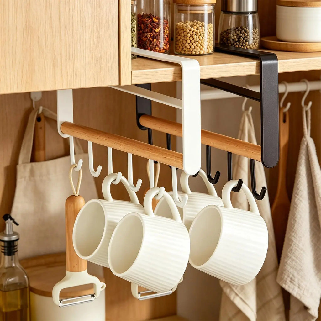 Mug Holder Under Cabinet Shelf 6 Hooks Storage Rack Ladles Organizer