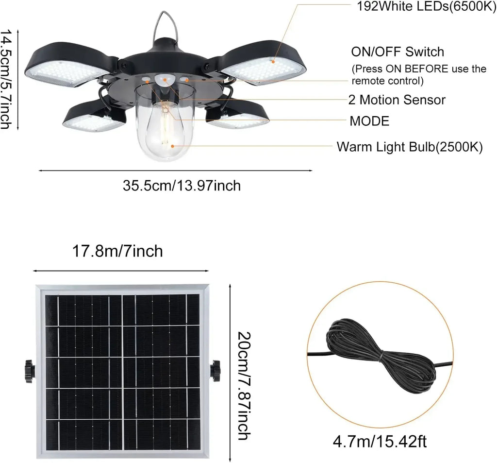 Outdoor Solar Shed Light 192 LED Motion Sensor 5 Modes Waterproof Pendant Lighting for Barn Patio Garage Zpaxo