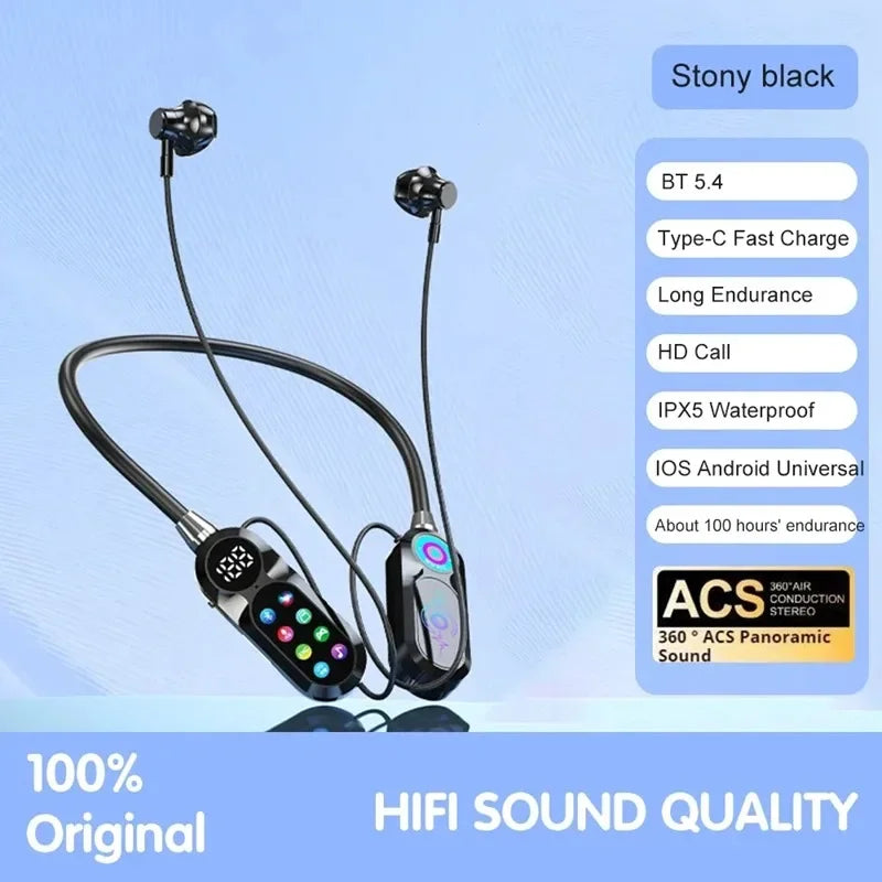 HD Screen Earphones Bluetooth 5 4 Headphones Neckband Headsets TWS Zpaxo Black