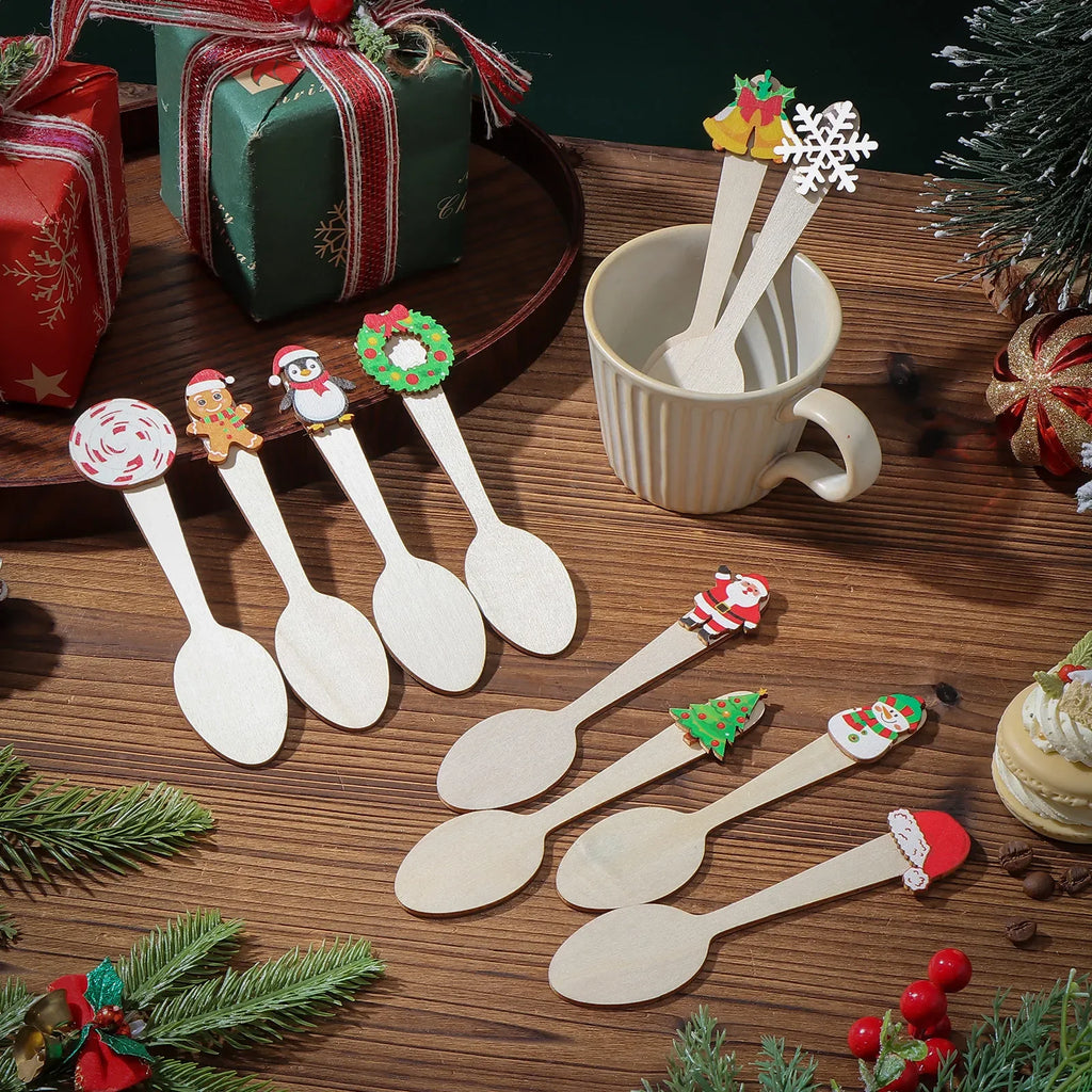 Christmas Wooden Spoons Cocoa Stirring Snowflake Gingerbread Man Zpaxo
