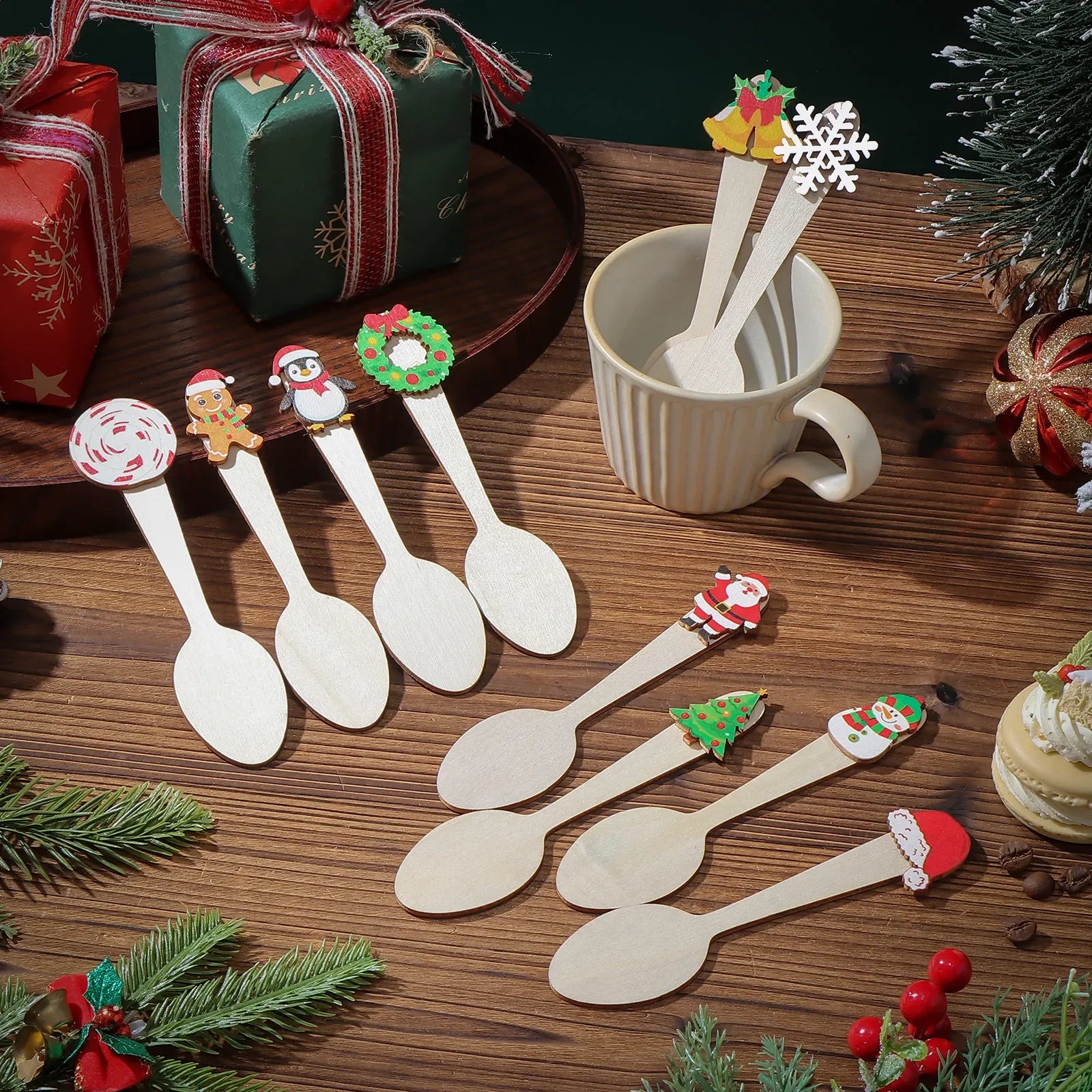 Christmas Wooden Spoons Cocoa Stirring Snowflake Gingerbread Man Zpaxo