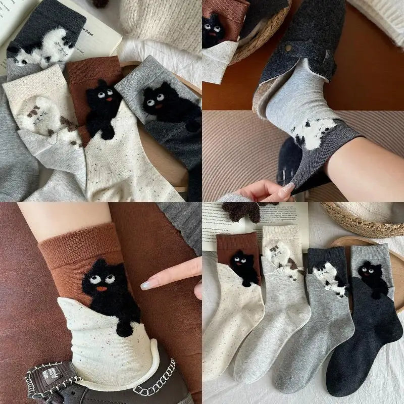 Mid-tube Couple Socks Soft Comfort Durable Sweat-absorbing 3D Cat Zpaxo