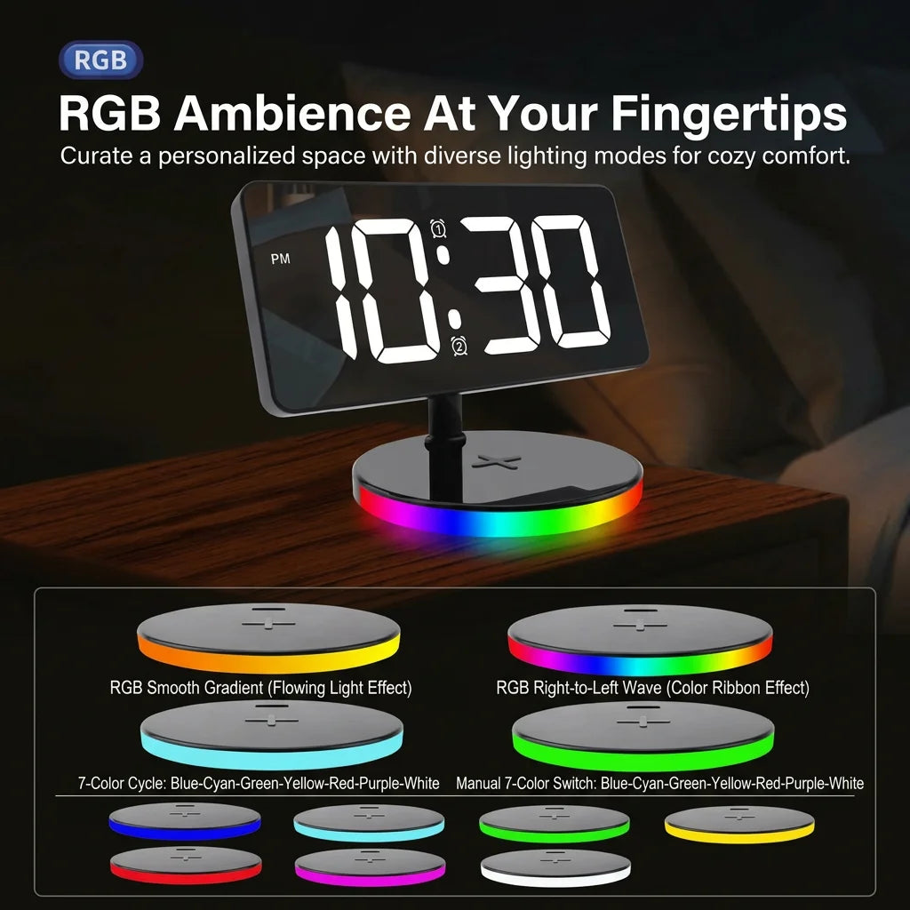 LED Mirror Alarm Clock – 15W Wireless Charging & RGB Night Light