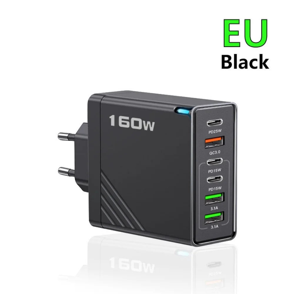 160W USB-C Multi-Port Fast Wall Charger | iPhone & Android USB-C Wall Charger Zpaxo EU Black
