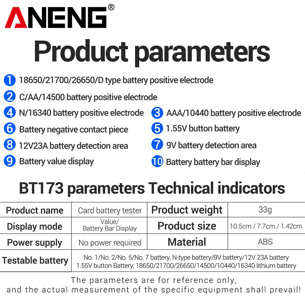 ANENG BT173 Battery Health Tester Mini Universal Lithium Batteries