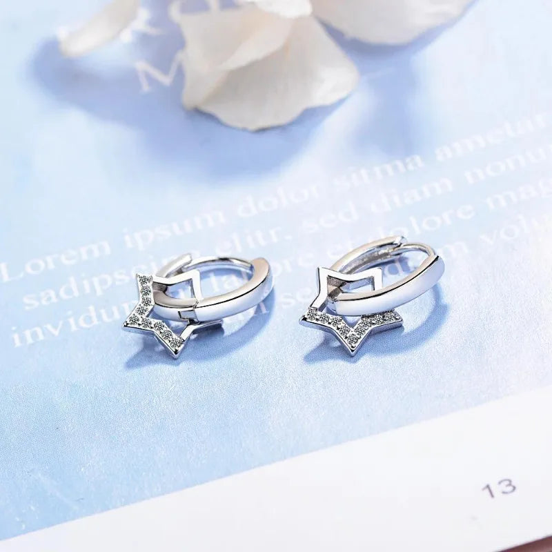 Real 925 Sterling Silver Hollow Star Hoop Earrings Small Creole Women