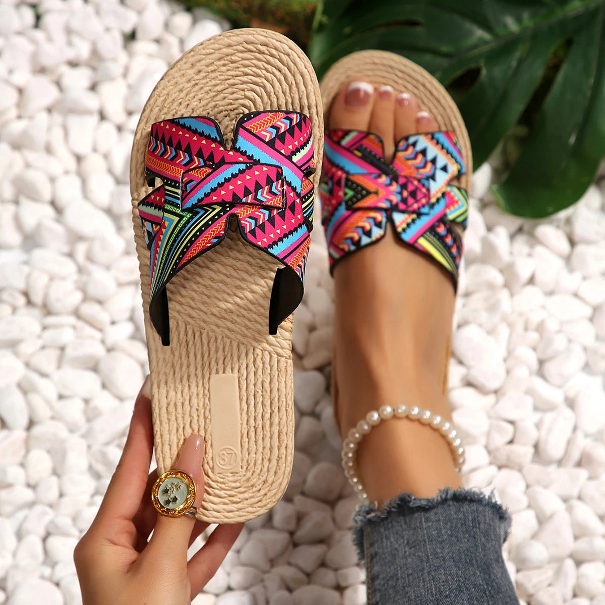 Women Slippers Open Toe Slip on Colorful Beach Shoes Fashion Summer Sandals Ethnic Lightweight Slippers Designer Slides Women Zpaxo MULTI 41