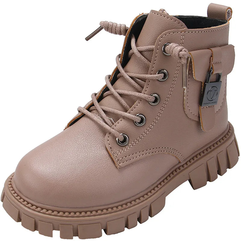 Autumn Winter Girls Ankle Boots Fashion Non-slip Boys PU Leather Zpaxo Khaki 26(Insole16cm)