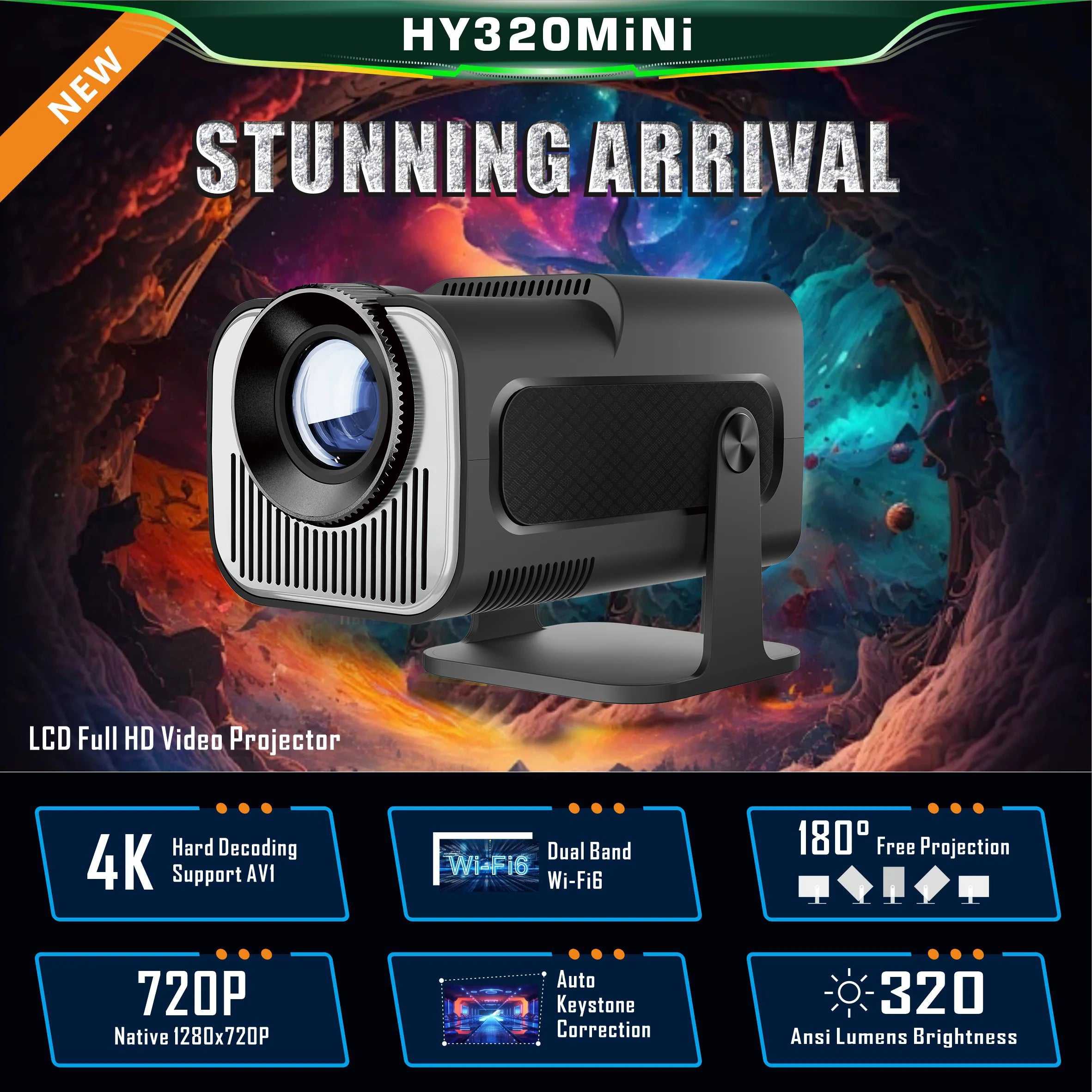 HY320 Mini Projector Android11 H713 Wifi6 320ANSI Native 1280 720P Zpaxo
