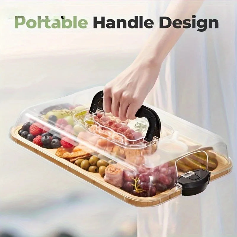 Stylish Natural Bamboo Cheese Tray Snap-on Acrylic Lid Easy-clean