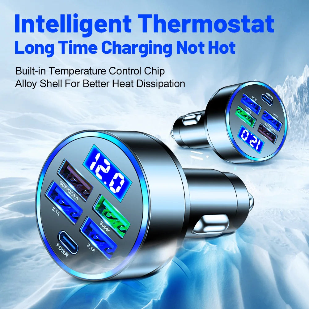 250W 5-Port USB-C Car Charger – PD & QC 3.0 Fast Charge