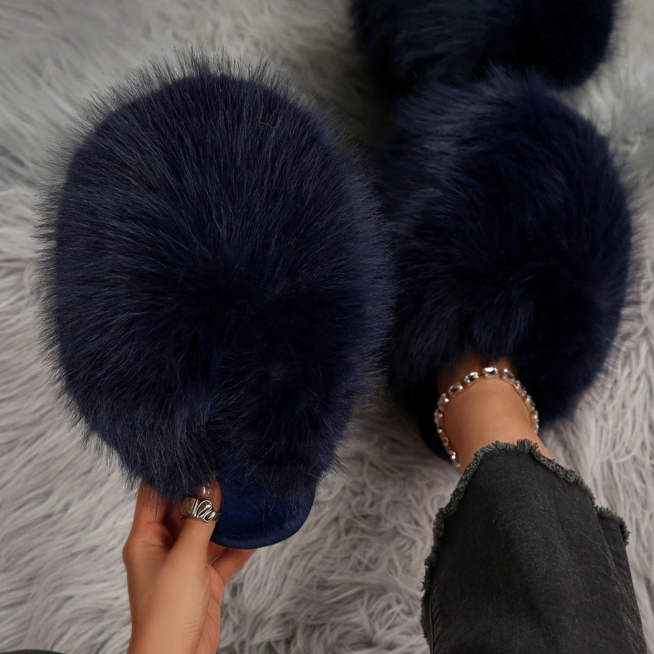 Women Slippers 2025 Fashion Fur Fluffy Cute Plush Luxury Shoes Zpaxo Blue 41
