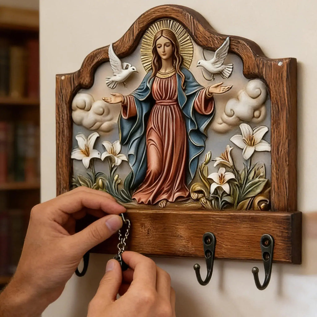 Key Holder Wall Mount Wood Religious Space Saving Hanger 4 Hooks
