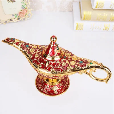 1Pc Genie Magic Lamp Aladdin Decoration European Vintage Home Decoration Russian Wishing Lamp Metal Decoration Craft Souvenir Zpaxo Gold Red-L