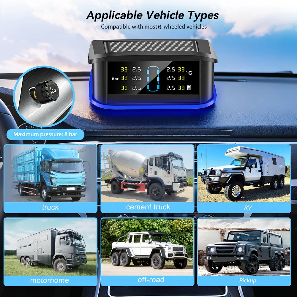6 External Sensors Digital LCD Display Truck RV TPMS Safety Alarm