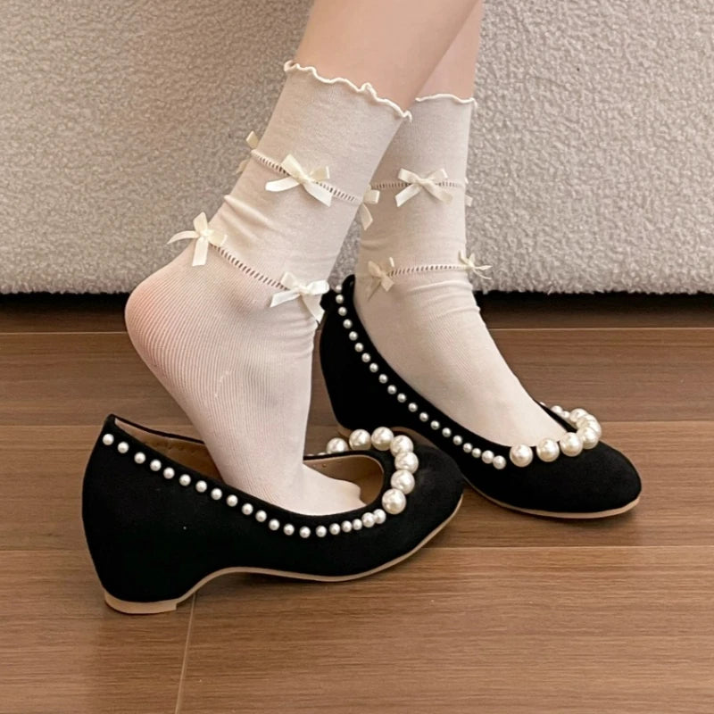 2026 Spring Autumn Vintage Solid Comfortable Pearl Embellishment Heel Zpaxo