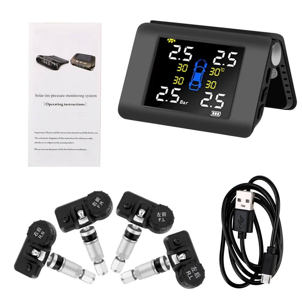 LED Display 4 External Built-in Sensors Solar Power TPMS Car Tire