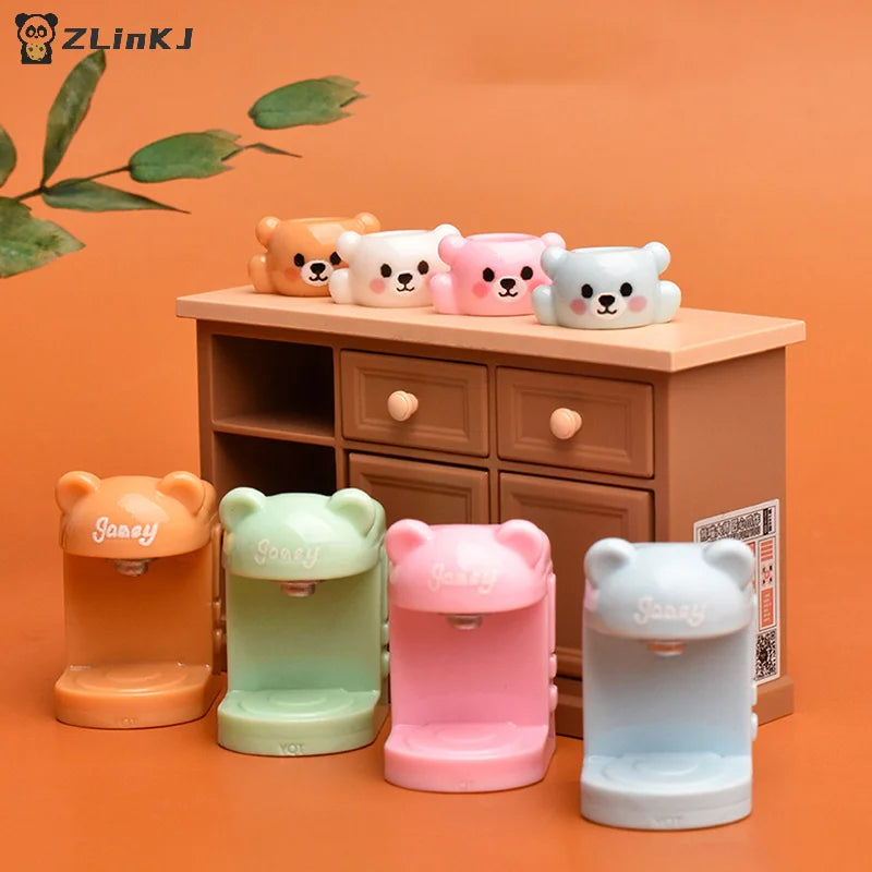 ▶4Set Dollhouse Miniature Little Bear Cup Set Coffee Machine Home Appliances Decor Toy Doll House Accessories Zpaxo