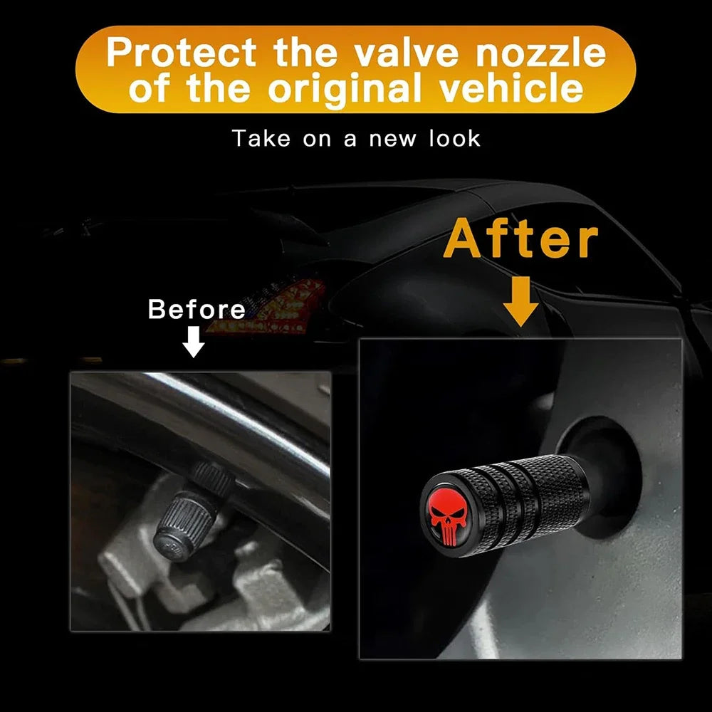 4-Pack Skull Tire Valve Stem Caps – Aluminum Car Wheel Decor