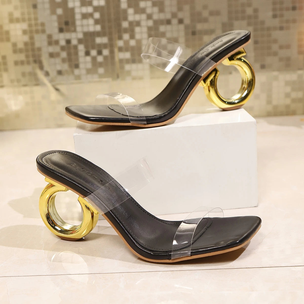 Summer Women Slippers Casual Square Head Open Toe Transparent Heels Zpaxo black 34