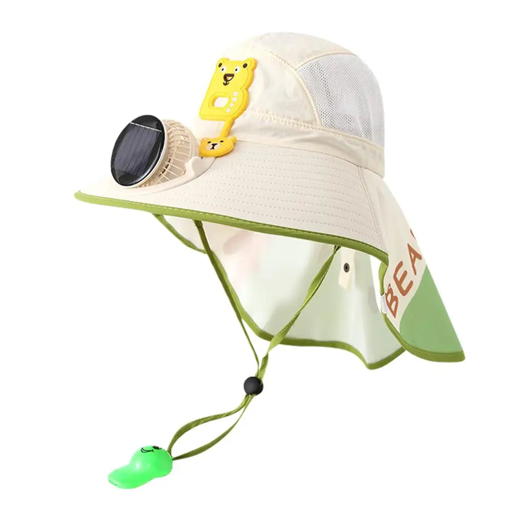 Kids Solar & USB Charging Fan Sun Hat Summer Breathable Mesh, Wide Brim UV Protection Sun Hat for Boys and Girls with Neck Cover Zpaxo Green2