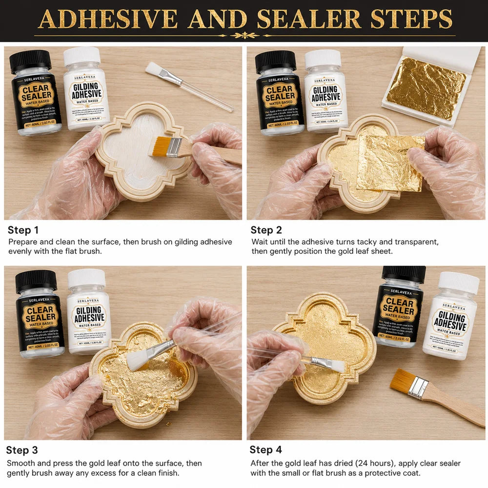 SIKEZHAN Gold Leaf Adhesive & Clear Sealer Kit, Gilding Glue for Wood & DIY Art, Crystal Finish, Brushes Gloves Kit, 105ml 60ml Zpaxo