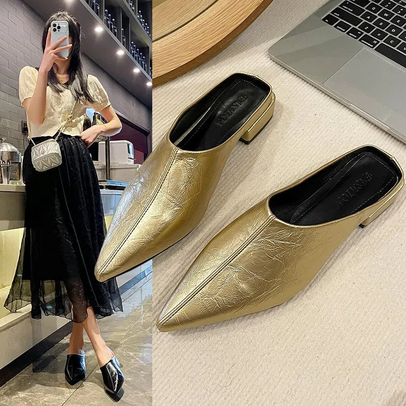 Heels Simple Women's Baotou Half Slippers Pointed Summer Dress Slide