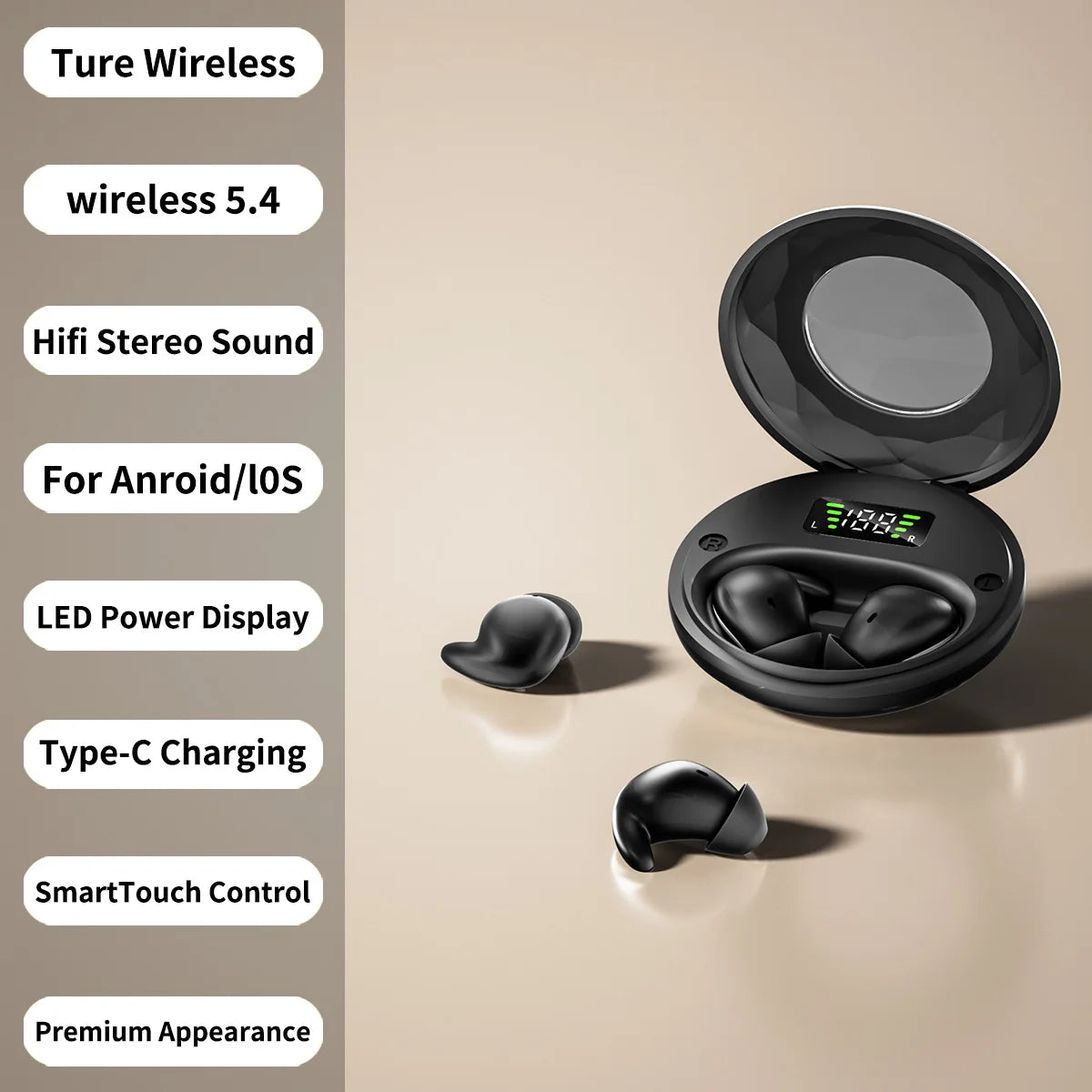 Sleep Wireless Earphone TWS Bluetooth 5 4 Headphones Hidden Earbuds Zpaxo black