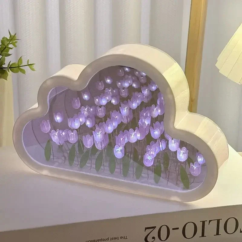 Cloud Tulip Night Light Handmade Material Flower Mirror Creative Atmosphere Lamp Valentine's Day Birthday Gift Home Decor DIY Zpaxo PURPLE