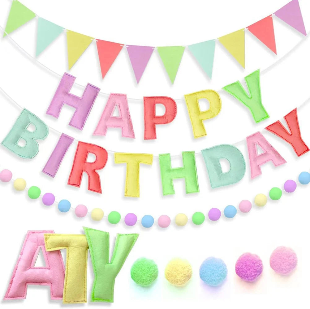 Felt Colorful Happy Birthday Banner Party Rainbow Fabric Garland Pom Zpaxo Colorful