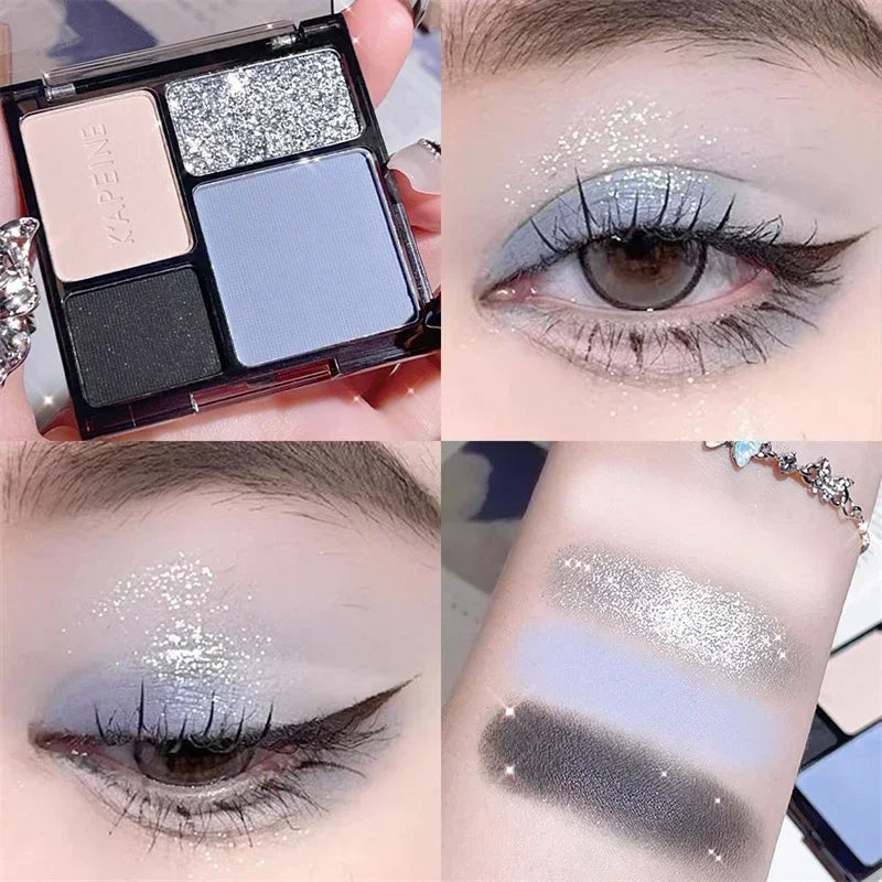 4-Color Glitter Blue Eyeshadow Palette Matte Pearl Shimmer Korean Acrylic Smoky Eye Shadow Palette Long Lasting Makeup Cosmetics Zpaxo