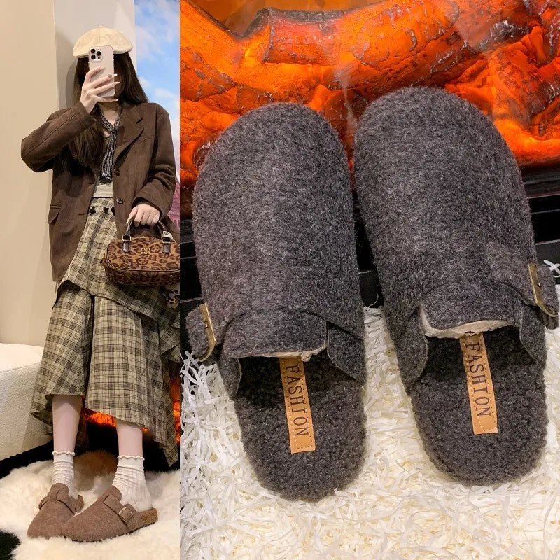 2025 Women's Winter Mule Slippers Fashion Felt Suede Fleece Cotton