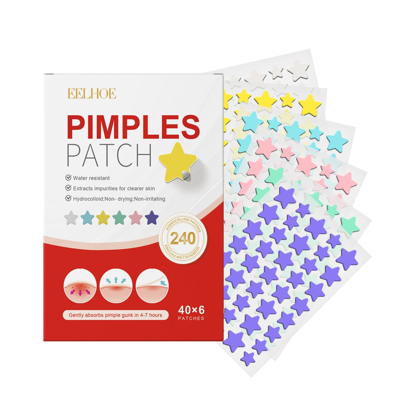 240Pcs Salicylic Acid Acne Pimple Patches Colorful Round/Heart/Flower/Star Shape Acne Removal Skin Care Stickers Covering Zits Zpaxo Star 240Pcs