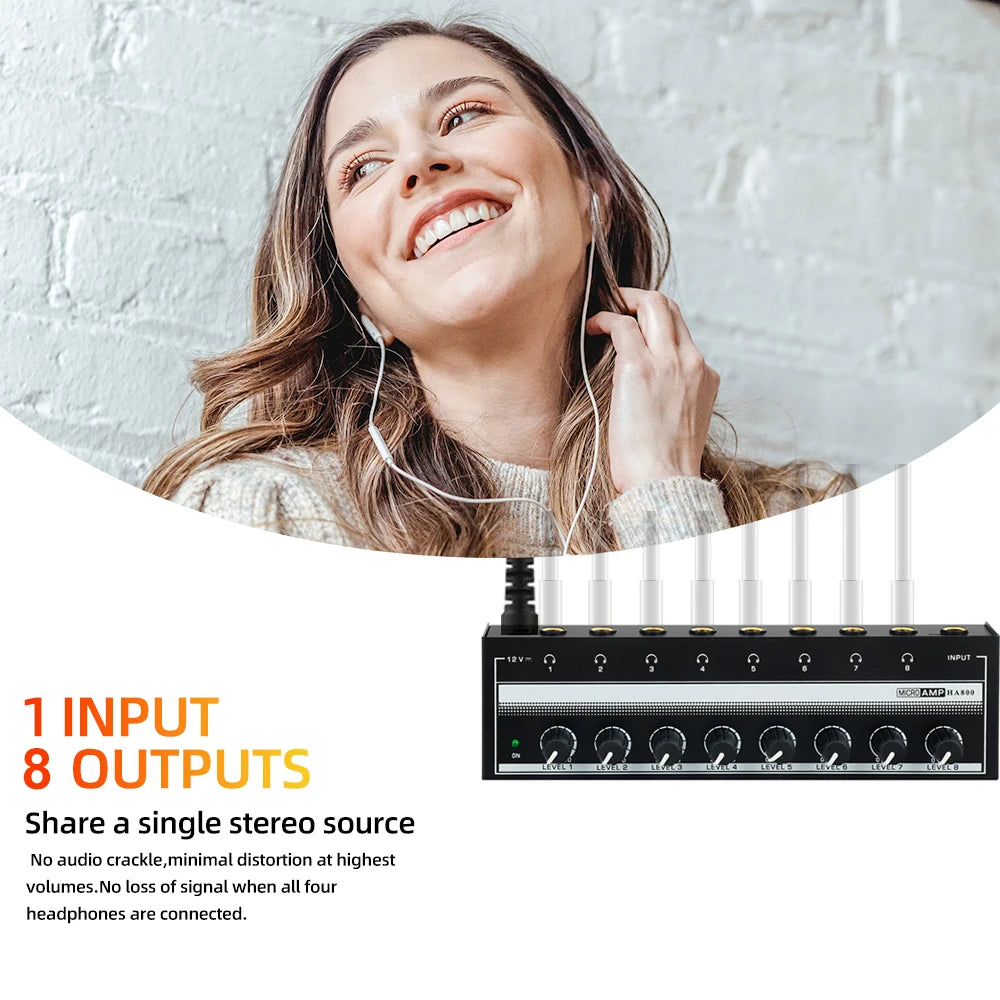 Headphone Amplifier 8 Channels Stereo Audio AMP Ultra-compact