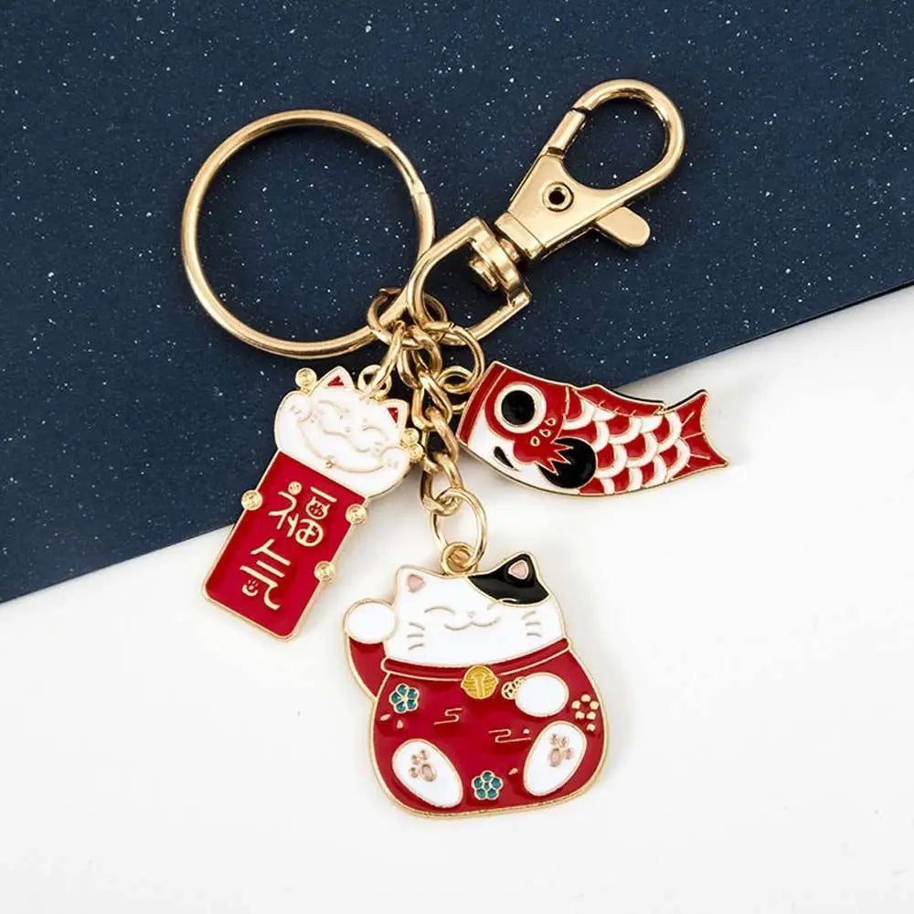 Creative Children Lucky Cat Bag Pendent Maneki Neko Car Key Ring Women Key Chain Carp Streamer Japanese Style Pendant Zpaxo red-B