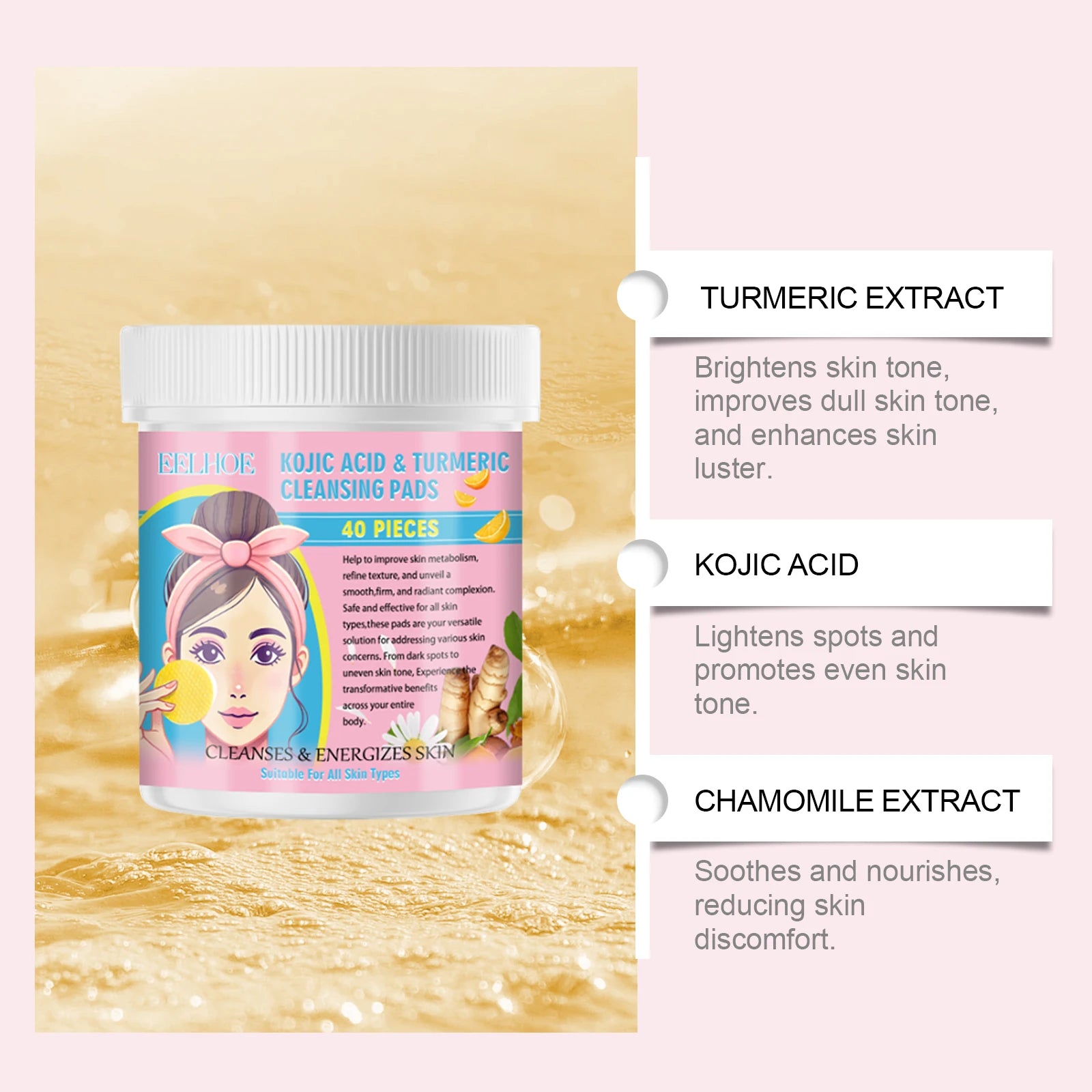 40pcs Turmeric Kojic Acid Facial Cleansing Pads Exfoliating Cleaning Remover Pores Dirt Moisturizing Daily Face Clean Skin Care Zpaxo