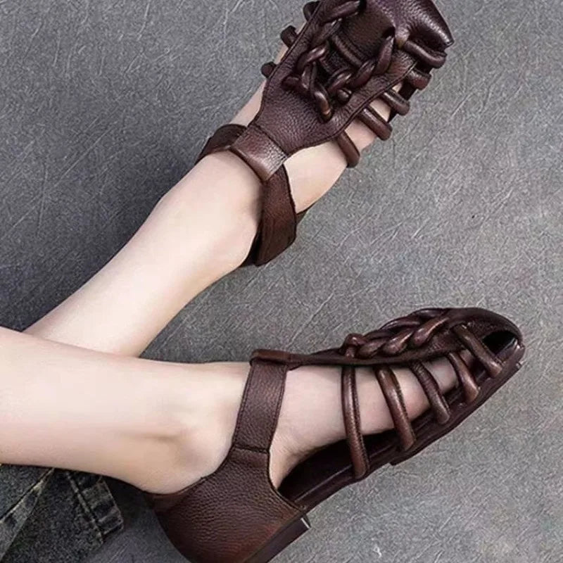 Genuine Leather Sandals Women Handmade Woven Literary Style Hollow Flat Roman Sandals Ladies Summer Shoes Sandalias Zpaxo