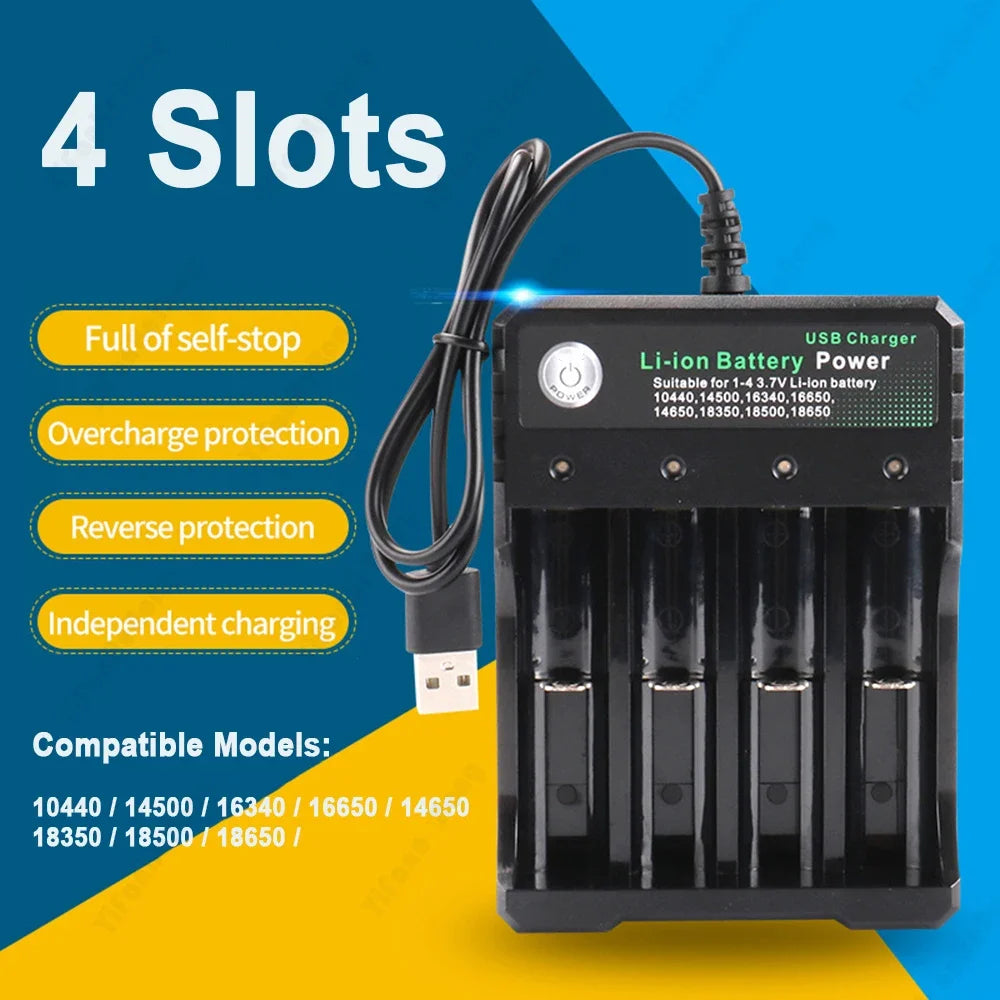 4.2V USB 4 Slot Independent Charging 18650 Charger Li-ion Battery Portable Electronic 18500 16340 14500 26650 Battery Charger Zpaxo black