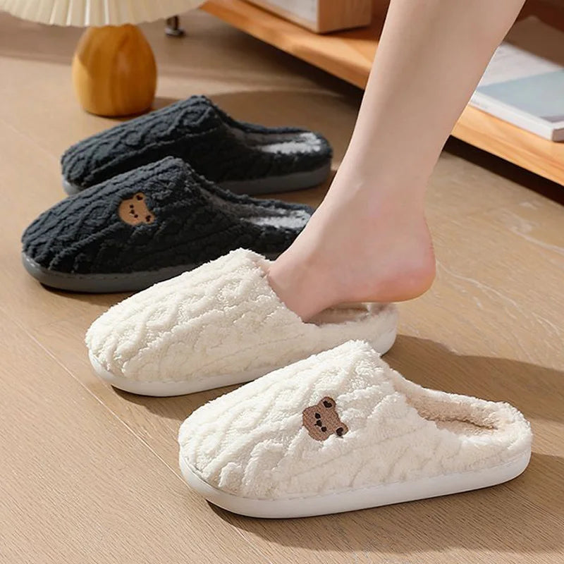 Winter Fluffy Shoes Women Cotton Slippers Cartoon Bear Thick Sole