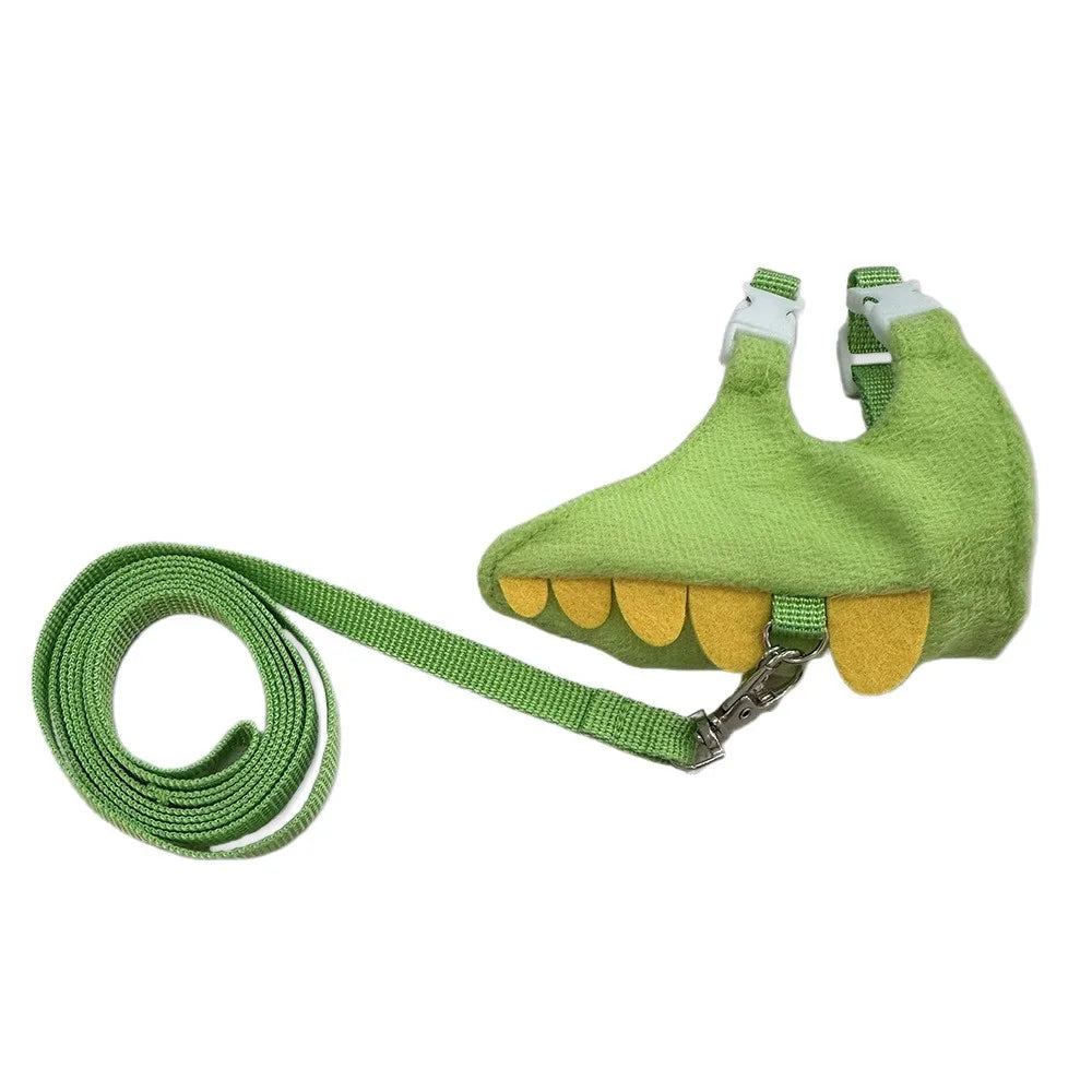 Ferret towing rope vest style adjustable pet rope cute dinosaur shape with bell for outdoor mouse walking rope Zpaxo green